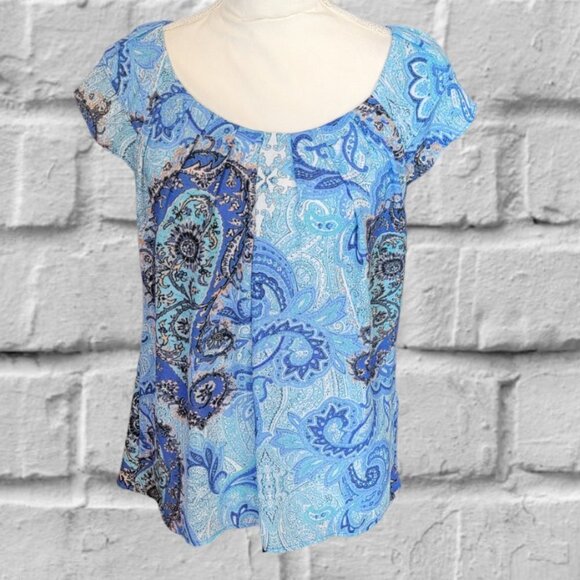 Spence Blue Paisley Cap Ruffle Sleeved Blouse in Size Medium - Picture 1 of 4